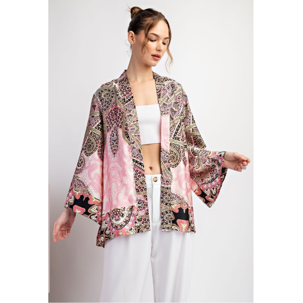 NWT.  Heavy Satin Pink Jewel & Mixed Tone Paisley Belted Kimono Jacket. Size S.
